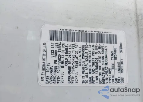 2014 Nissan Murano Le z USA, uszkodzony, nr VIN JN8AZ1MU6EW403471